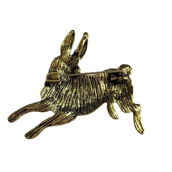 Antiqued Gold Tone Crystal Rabbit Hare Bunny Brooch Pin Pendant - Picture 2 of 3